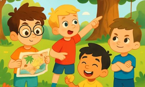 Er zijn 4 kinderen: - Sam: een 8-jarig jongetje met rommelig bruin haar en ronde bril. Hij houdt een oude gekleurde kaart in zijn handen en kijkt nieuwsgierig. - Finn: een 7-jarig jongetje met blond haar en een rode t-shirt. Hij wijst naar een majestueuze grote eik aan de achterkant van het park. - Hugo: een 8-jarig jongetje met zwart haar en een stralende glimlach. Hij zit op het gras, omringd door kleine koekjes, klaar om te delen met zijn vrienden. - Bram: een 7-jarig jongetje met kastanjebruin haar en een blauwe short. Hij staat met gekruiste armen en een vastberaden uitdrukking, klaar om op avontuur te gaan. De locatie is een groen park, vol grote loofbomen, kleurrijke bloemen en een zachte zonneschijn die door de takken filtert. In de verte is een grote houten ladder en een schommel die zachtjes heen en weer zwaait. De belangrijkste situatie toont de vier vrienden, opgewonden en nieuwsgierig, die zich voorbereiden om op zoek te gaan naar een mysterieuze schat, met de kaart in de hand, klaar om het park vol verrassingen te verkennen.