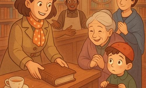 Viola, detective donna dal viso attento e sorridente, sguardo brillante e postura sicura, con un corto cappotto kaki e sciarpa a pois tiene un taccuino aperto e posa delicatamente un vecchio libro rilegato sul bancone; un bambino di circa 7 anni con un piccolo cappello rosso macchiato di marmellata, occhi grandi e timidi, tiene la sua borsetta aperta e osserva dalla destra del bancone; una nonna di circa 70 anni dal volto dolce e rughe gioiose, capelli grigi raccolti in uno chignon, si china verso il libro con le mani giunte; la signora Elena, donna riservata sui 50 anni con capelli castani raccolti e un grande scialle blu, sta indietro emozionata e sorridente con le mani sul petto; il bibliotecario Marco, uomo sui 40 anni con occhiali tondi e grembiule, è dietro il bancone con le braccia aperte in gesto di sollievo; la sala è calda e accogliente con scaffali in legno marrone pieni di libri, lampade gialle sospese, tappeto rosso consumato e una tavola con una tazza di tè macchiata di marmellata e un piccolo segnalibro con uno scoiattolo, scena principale: Viola restituisce il libro antico al bancone in un momento di ritrovo e gioia tranquilla, espressioni tenere e luce crepuscolare che entra da una finestra rotonda, dettagli visibili ma discreti come copertina consumata, angoli stropicciati, briciole sulla tavola e disegni di ricette su una pagina aperta; stile grafico: linee morbide, colori caldi e pastello, texture di carta e legno marcate, atmosfera cosy e rassicurante.