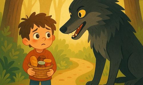 Jonas, een 6-jarige jongen met een rond gezicht, warrig bruin haar en grote hazelnootogen vol bezorgdheid, houdt een klein rieten mandje met brood en confituur tegen zijn borst; een grote donkere wolf met helder gele ogen en bijna zwartgrijze vacht met zilveren strepen toont scherpe tanden maar blijft stil en buigt zich naar de jongen alsof hij spreekt, enkele passen verder op het pad; de scène speelt zich af in een dicht onderbos met hoge, kromme stammen, groene varens en tapijten van bruine bladeren en gouden zonnestralen die doorbreken — een gespannen, mysterieuze maar niet angstaanjagende ontmoeting, warme kleuren en sterke contrasten.