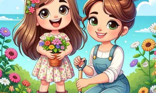 Een 10-jarig meisje, Kiki, met lang bruin haar en sprankelende ogen, glimlacht vrolijk terwijl ze een kleine schep in de ene hand en een pot met kleurrijke bloemen in de andere hand vasthoudt. Ze draagt een lichte bloemenjurk en tuinhandschoenen. Naast haar knielt haar moeder, een vrouw van ongeveer 35 jaar met kastanjebruin haar in een knot, om zaden te planten, met een trotse glimlach op haar gezicht. Ze bevinden zich in een mooie groene tuin, vol met stralende bloemen in felle kleuren en groeiende groenten, onder een heldere blauwe lucht met enkele witte wolken. De scène toont Kiki en haar moeder die samen in de aarde werken, omringd door de schoonheid van de lente, wat de vreugde en harmonie van de natuur symboliseert.