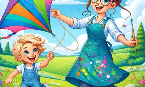 Mia, a cheerful woman in her thirties with long brown hair in a bun and round glasses, is holding a beautiful colorful kite, her face shining with excitement and pride. She wears a blue work blouse covered in paint stains and comfortable pants. Next to her, Timmy, a six-year-old boy with tousled blonde hair and sparkling eyes, jumps for joy, his wide smile showing his enthusiasm. He wears a red t-shirt and denim shorts, holding a piece of string to help fly the kite. The scene takes place in a large green field under a bright blue sky dotted with fluffy white clouds. Colorful flowers dot the ground, and in the distance, majestic trees sway gently in the breeze. Mia and Timmy are ready to fly the kite they made together, watching it soar into the sky, embodying joy, creativity, invention, and friendship.