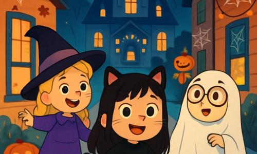 Hay 3 personajes: - Clara: una niña de 6 años, con largos cabellos castaños y ojos brillantes. Lleva un disfraz de gato negro con orejas puntiagudas y una cola. Está en el centro, sonriente y curiosa. - Lucía: una niña de 6 años, con trenzas rubias y una cara alegre. Está disfrazada de bruja, con un sombrero negro y un vestido violeta. Está a la izquierda de Clara, señalando hacia la casa misteriosa. - Marta: una niña de 6 años, con cabello castaño y gafas redondas. Está vestida de fantasma, con una sábana blanca y ojos dibujados en la tela. Está a la derecha de Clara, mirando con asombro la casa. El lugar es una calle de Halloween, bordeada de casas decoradas con luces naranjas y telarañas. Calabazas iluminadas sonríen en cada puerta, y hojas de otoño giran en el aire fresco de la noche. Al fondo, una gran casa misteriosa, adornada con linternas brillantes y un espantapájaros, emite un aura mágica. La situación principal muestra a las tres amigas acercándose a la casa misteriosa, con sus rostros iluminados por la curiosidad y la emoción. Clara, con una mirada decidida, avanza valientemente, mientras Lucía y Marta intercambian sonrisas cómplices, listas para descubrir la magia de esta noche de Halloween.