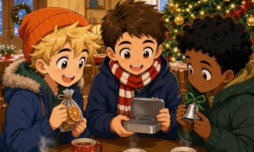 Ci sono tre bambini di 8 anni: Luca, capelli corti castani, cappotto blu scuro e sciarpa a righe rosse e bianche, tiene una piccola scatola di metallo etichettata “Gioco dei Ricordi” ed è al centro; Davide, capelli biondi spettinati e berretto arancione, tiene un sacchettino con una buccia di mandarino secca ed è a sinistra di Luca ridendo; Samir, capelli neri ricci e cappotto verde scuro, tiene una campanellina argentata legata a un nastro verde ed è a destra di Luca con un sorriso timido. Luogo: sala parrocchiale decorata per Natale con pareti di legno chiaro, grandi finestre appannate, luci gialle, un grande albero con palline dorate e ghirlande rosse, tavoli con biscotti a stella e tazze fumanti, pavimento con tracce di neve vicino all’ingresso. Situazione: i tre sono riuniti attorno a un piccolo tavolo con la scatola aperta, ciascuno mostra il proprio ricordo (buccia di mandarino, campanellina, disegno piegato), espressioni calorose, luce dorata che illumina i volti, atmosfera festosa, calma e di condivisione, fiocchi di neve visibili alla finestra.