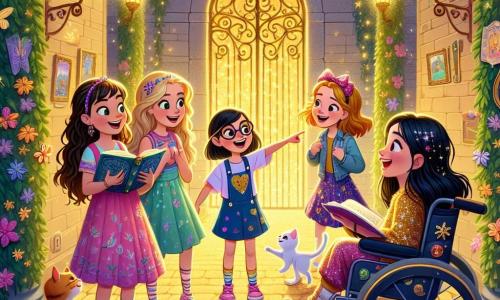Quattro amiche si trovano al centro di un vicolo stretto e misterioso, illuminato da lampade scintillanti. **Lisa** (10 anni) ha lunghi capelli castani e indossa un vestito colorato, sorridendo curiosa mentre indica un grande portone dorato. **Emma** (10 anni) ha capelli biondi intrecciati e occhiali rotondi, seduta su un piccolo gradino, ride felice circondata da gattini con cappelli colorati. **Giulia** (10 anni) è in una sedia a rotelle decorata con adesivi brillanti, con capelli corti e una maglietta a fiori, osserva meravigliata le farfalle che volano intorno a lei. **Sofia** (10 anni) ha capelli neri e indossa un mantello magico, tiene un libro aperto con gli occhi scintillanti di eccitazione, come se stesse raccontando una storia affascinante. Il vicolo è magico, con muri coperti di viti fiorite e lampade che danzano nell'aria, sotto un cielo stellato e una luce dorata che emana dal portone, creando un'atmosfera da favola. Le quattro amiche stanno scoprendo la barriera magica che protegge la loro città, circondate da creature fantastiche, pronte a vivere una grande avventura insieme.