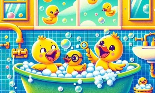 Un pequeño pato amarillo, Tato, con una gran sonrisa traviesa y ojos brillantes, se desliza en una bañera llena de burbujas de jabón, salpicando agua a su alrededor. A su lado, su hermana, Lía, un pato rosa con plumas suaves y brillantes, ríe a carcajadas, con las alas levantadas, sosteniendo un patito de goma amarillo con gafas. Pipo, el pato azul, está en el borde de la bañera, con una mirada divertida y un pequeño silbato en forma de nuez en su ala, listo para cronometrar la carrera de sus juguetes. El lugar es un baño luminoso y colorido, con paredes decoradas con dibujos de patos y burbujas, un suelo de baldosas que brilla bajo la luz, y un espejo empañado por el vapor. La situación principal muestra a los tres patos en plena competencia de chapoteo, salpicando agua y riendo juntos, creando un ambiente alegre y lúdico.
