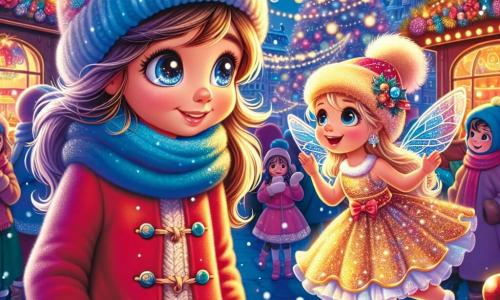 A 10-year-old girl named Molly stands at the center of the scene, her eyes shining with curiosity and a big, amazed smile. She wears a bright red coat, a blue wool scarf, and a pom-pom hat, while snowflakes gently fall around her. Next to her, a small fairy with sparkling wings, about 5 years old, joyfully flies, wearing a golden sequined dress and a Christmas hat. She smiles at Molly, showing her the different directions to take in the market. The setting is a magical Christmas market, filled with colorful stalls decorated with fairy lights, sparkling trees, and floating lanterns. Children laugh and play, while a large Christmas tree adorned with shiny ornaments and garlands stands majestically in the background. Molly, lost but fascinated, listens attentively to the fairy, who offers to help her find her family by showing her the enchanting paths of the market.