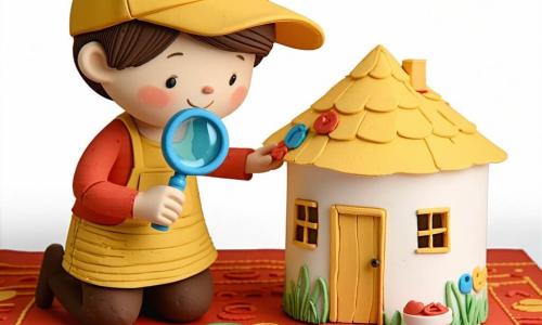 Um menino de 4 anos, rosto redondo e bochechas rosadas, olhar curioso e sorriso tímido, com chapéu de tecido amarelo e uma pequena lupa azul na mão direita, ajoelhado num grande tapete vermelho olhando para uma casinha de papel; um amigo de cerca de 6 anos, cabelo castanho desgrenhado, mãos cobertas de tinta e chapéu de papel, em pé atrás da casinha fazendo um gesto de surpresa e alegria; uma mãe de cabelo preso em coque e vestido florido segura uma bandeja de biscoitos ao fundo perto de uma porta aberta; um gato cinza com bigodes tingidos de giz rosa está junto ao menino mais novo com olhar malicioso; cena numa sala acolhedora com paredes pintadas de nuvens brancas e janela com cortina leve deixando entrar sol suave; situação principal: descoberta de uma caça ao tesouro — uma trilha de giz rosa leva à casinha de papel com setas e pequenas pegadas visíveis, ambiente alegre e curioso, cores vivas e formas arredondadas.