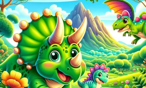 W centrum obrazu stoi radosny i ciekawski triceratops o imieniu Trixi, z błyszczącą zieloną skórą i trzema dużymi rogami na głowie. Jego błyszczące oczy wyrażają ekscytację, gdy z szerokim uśmiechem rozgląda się wokół, gotowy odkryć swój nowy dom. Po jego prawej stronie tańczy kolorowy stegozaur o imieniu Stego, z sercowatymi płytkami na grzbiecie, jego oczy błyszczą szczęściem. Po lewej stronie skacze z entuzjazmem zwinny welociraptor o imieniu Raptor, z jaskrawymi piórami i figlarnym spojrzeniem, dodając energii do sceny. Tło to piękna, zielona dolina, pełna bujnych drzew, kolorowych kwiatów i miękkiego, złotego światła filtrującego się przez gałęzie, tworzącego ciepłą i przyjazną atmosferę. W tle majestatyczne góry wznoszą się pod jasnoniebieskim niebem z puszystymi chmurami. Główna sytuacja pokazuje Trixiego i jego przyjaciół celebrujących odkrycie nowego domu, otoczonych śmiechem i radością, gotowych na nową wspólną przygodę w tym czarującym miejscu.