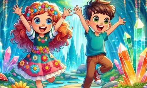 Two main characters are present: an 8-year-old girl named Lily, with bouncy curly red hair and a colorful flower-embellished dress, and an 8-year-old boy named Max, with shiny brown hair and a blue t-shirt, smiling joyfully. Lily stands on the left with her arms raised in excitement, while Max is on the right, jumping for joy with a big smile. They are in a magical forest, where tall majestic trees have leaves shimmering in a thousand colors under the sun, and multicolored flowers dance in the wind. A crystal-clear stream winds through the landscape, adding a touch of magic to the environment. The main scene shows Lily and Max discovering a beautiful cave filled with shining crystals, with a golden glow illuminating their amazed faces. They are about to touch the magic crystal that can grant wishes, surrounded by the shimmering aura of the forest's magic.