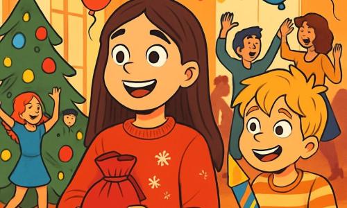 A 12-year-old girl with long brown hair and sparkling curious eyes stands at the center of the scene, a big smile lighting up her face. She wears a bright red sweater adorned with snowflakes and holds a small velvet pouch in her hand, looking around with excitement and joy. Next to her, a 10-year-old boy with messy blonde hair and a striped t-shirt fidgets impatiently, holding a paper firework ready to launch. In the background, a festive living room is decorated with sparkling garlands and colorful balloons, with a large illuminated Christmas tree in one corner. The room is filled with laughter and music, and friends and neighbors dance joyfully, creating a warm and lively party atmosphere. The main situation shows the girl discovering a mysterious wish pouch, surrounded by her friends, all eager to celebrate the New Year together.