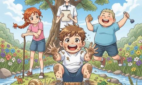 A group of children by a stream: a freckled 10-year-old boy with tousled brown hair crouches, hands in the dirt and covered in mud, while a tall, thin 10-year-old boy with square glasses and straight black hair (Felix) stands behind him holding a sketchbook, a 9–10-year-old redheaded girl with a rebellious braid (Lily) leans on a small stick watching boldly, and a chubby 10-year-old boy with a half-eaten cookie (Max) jumps for joy holding a shiny yo-yo; a large pearlescent-shelled snail (Sir Snail) sits proudly on a small mound near a recently dug-up treasure box with scattered shiny trinkets (marbles, button, toy dinosaur, yo-yo) amid wildflowers, tall grass, smooth stones and a twisted oak under a clear sky, everyone surprised and delighted.