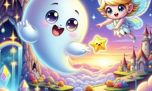 A friendly ghost named Whisper floats in the air, with a soft, translucent appearance, emitting a sparkling glow. His large round eyes express excitement and curiosity as he reaches for a shining crystal. Next to him, a small fairy named Twinkle, with sparkling wings and golden hair, joyfully smiles while flying around Whisper. She wears a dress made of colorful flower petals and seems ready to assist him in his quest. The setting is a magnificent floating kingdom, Skytopia, filled with fluffy clouds and rainbow bridges, featuring floating islands dotted with glowing flowers and shimmering trees. In the background, a pink and gold gradient sky heralds the sunset. The main scene shows Whisper and Twinkle discovering the Star Crystal, a giant crystal radiating light, at the heart of the mysterious Cave of Dreams, surrounded by shimmering walls reflecting the magic of their adventure.