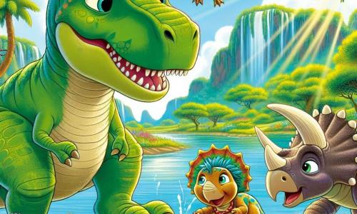 Um Tyrannossauro Rex chamado Tico, com pele verde brilhante e olhos curiosos, está alegremente à beira de uma lagoa magnífica, com suas grandes patas dianteiras levemente levantadas, pronto para mergulhar na água. Ao seu lado, um Tricerátops chamado Tina, com chifres majestosos e pele bege, sorri olhando para Tico, seus olhos brilhando de excitação enquanto se aproxima da água. Um pequeno Pterodáctilo chamado Pipo, com asas coloridas e um bico sorridente, voa acima deles, adicionando um toque de magia à cena. A lagoa é cercada por flores vibrantes que dançam ao vento, e raios de sol filtram-se através das árvores majestosas, criando uma atmosfera encantada. Tico e seus amigos estão se divertindo juntos, prontos para mergulhar na água cintilante, cheios de alegria e aventura.