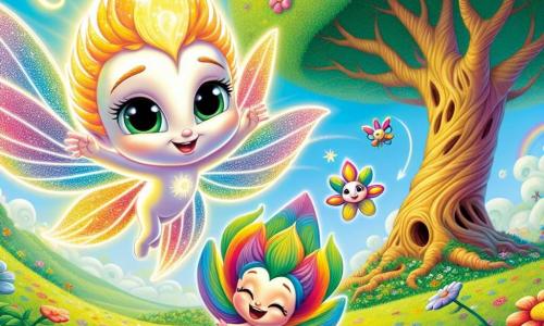 Lumy, um pequeno ser luminoso com um corpo cintilante como o sol e asas delicadas em forma de pétalas, voa alegremente sobre um campo de flores coloridas, seu rosto radiante de curiosidade e admiração. Ao seu lado, uma borboleta colorida, com asas de padrões vibrantes, dança no ar, exibindo um sorriso amigável e uma expressão de excitação, enquanto lhe mostra o caminho para uma árvore majestosa. A árvore, com seu tronco largo e folhas verdinhas, ergue-se no centro de uma clareira banhada de luz, cercada por flores que parecem rir e nuvens dançantes em um céu azul brilhante. Nessa cena, Lumy e a borboleta descobrem juntos o Reino das Ideias, onde a magia do conhecimento e da amizade ganha vida, e onde cada elemento da natureza parece incentivá-los a explorar e aprender.
