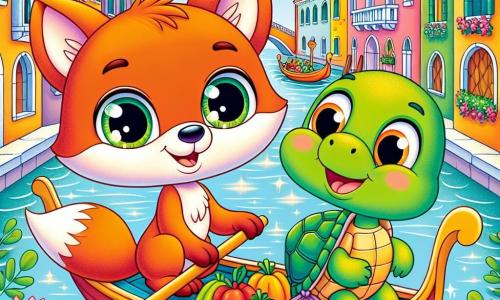 Um pequeno raposo chamado Rufi, com pelagem laranja vibrante e olhos curiosos, está em uma gôndola colorida, sorrindo, maravilhado com a beleza da cidade de Veneza. Ao seu lado, sua melhor amiga, uma tartaruga chamada Tati, com uma carapaça verde e olhos suaves, observa ao redor com um ar alegre, segurando uma pequena bolsa cheia de legumes. Ao fundo, os canais cintilantes de Veneza são cercados por casas de fachadas pastel, e flores coloridas flutuam na superfície da água. Rufi e Tati navegam pelo canal, cercados de gôndolas, enquanto um pato amigável os acompanha, todos rindo e aproveitando a aventura juntos.