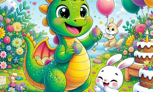 A small dragon named Danny, with shiny green scales and sparkling wings, smiles joyfully while holding a shimmering pendant in his tiny paws. He is surrounded by his friends, including Benny the Rabbit, an adorable bunny with large white ears, who jumps for joy with cookies in his paws, and Mama Dragon, a large gentle dragoness with pink scales, who has tears of happiness in her eyes. They are in a sunny park filled with colorful flowers, floating balloons, and a large cake decorated with cream and fruits. The scene is festive and joyful, with laughter and smiles everywhere. Danny and his friends are preparing a surprise for Mother's Day, celebrating love and friendship in a warm and colorful atmosphere.