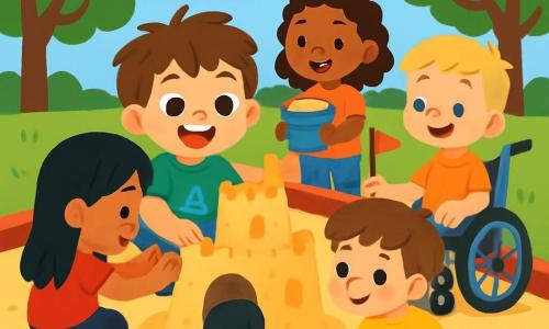 A 4-year-old boy, Eli, with messy brown hair and sparkling eyes, is wearing a bright green t-shirt with a small blue boat. He is sitting in a large sandbox, smiling widely with rosy cheeks from excitement, building a sandcastle with his friends. Mia, a 5-year-old girl with smooth black hair, is next to Eli, smoothing the castle walls with her little hands. Yara, a 4-year-old girl with curly hair and caramel skin, is just behind, smiling and holding a bucket of sand. Max, a 6-year-old boy with blonde hair and fair skin, is in a shiny wheelchair holding a stick for a flag, while Sam, a 5-year-old boy with brown hair and fair skin, is sitting on the ground with mismatched socks featuring yellow ducks and red stars, collecting stones for the castle. The scene takes place in a sunny park with lush green trees and a bright blue sky. The sandbox is surrounded by the laughter of children and colorful games, creating a joyful and friendly atmosphere. The main situation shows Eli and his friends united, building a large sandcastle together, sharing laughter and snacks, illustrating the beauty of diversity and friendship.