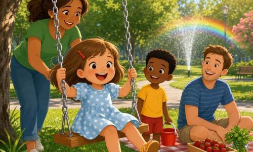 4-year-old girl, joyful and confident, light brown bob with red clip, light-blue polka-dot dress, smiling and holding the chains of a wooden swing in the foreground; about 5-year-old boy, happy, short black hair, yellow T-shirt and red shorts, standing nearby with a small red bucket; mother in her 30s, caring, brown hair tied, green shirt, gently pushing the girl from behind; father in his 30s, smiling, blue-striped T-shirt, seated on a red-and-white picnic blanket beside an open box of shiny strawberries and a small mint bunch; summer park with bright green lawn, leafy tree providing shade, light concrete path and a sprinkler misting a faint rainbow; main scene: girl swinging gently, hair flying, warm morning light, sunny colorful atmosphere, crisp details of chains, wood, grass and sparkling water droplets.