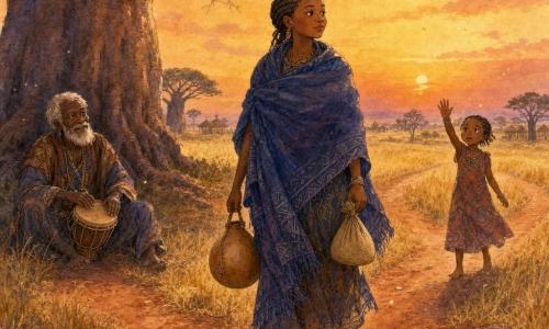 Una donna adulta, Amina, viso rotondo, pelle bronzea e capelli intrecciati stretti, avvolta in un grande scialle indaco e a piedi nudi su terra rossa, cammina verso destra lungo un bivio a tre sentieri tenendo una calabassa d’acqua e un piccolo sacco di miglio; un vecchio griot, Kàdi, di circa 70 anni, pelle scura e capelli bianchi, seduto sotto un imponente baobab a sinistra con un piccolo tamburo sulle ginocchia, la osserva sorridendo enigmaticamente, mentre una bambina di circa 8 anni dalla pelle color caramello, in piedi dietro Amina a destra, la saluta agitando la mano; scena in una savana africana al crepuscolo con orizzonte piatto, erba secca gialla, qualche karité, cielo arancio e viola, polvere sottile, atmosfera di viaggio e decisione, colori caldi e texture ad acquerello con tratti morbidi e dettagli dei tessuti.