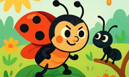 A cheerful ladybug with bright red wings and shiny black spots, showing great determination, stands on a green leaf, ready to take off. Next to her, a curious little ant with a black body and twitching antennae watches her with wide eyes, sitting on a twig. In the background, a sunny garden filled with colorful flowers, lush green grass, and fluttering butterflies creates a magical and joyful atmosphere. The ladybug is preparing to embark on an adventure, her wings slightly open, ready to show her courage to all her friends.