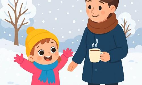 Een klein meisje van 2 jaar, met grote sprankelende ogen en een stralende glimlach, staat in de sneeuw. Ze draagt een mooie roze overall, gele laarzen en een blauwe sjaal die haar een vrolijke uitstraling geeft. Haar wangen zijn roze van de kou en ze steekt haar armen omhoog terwijl ze lacht, verwonderd door de vallende sneeuwvlokken om haar heen. Naast haar kijkt haar moeder, een vrouw van ongeveer 30 jaar met bruin haar in een knot en een donkerblauwe jas, haar met genegenheid aan. Ze houdt een kop warme chocolademelk in één hand en glimlacht, blij om haar dochter te zien spelen. De omgeving is een betoverend winterlandschap met kale bomen bedekt met sneeuw, een lichtgrijze lucht en dansende sneeuwvlokken in de lucht. De grond is bedekt met een dikke laag glinsterende sneeuw. De hoofdscène toont het meisje dat in de sneeuw speelt, haar armen opheffend om de vlokken te vangen, terwijl haar moeder haar met een warme glimlach observeert, wat een moment van gedeeld geluk in de winter creëert.