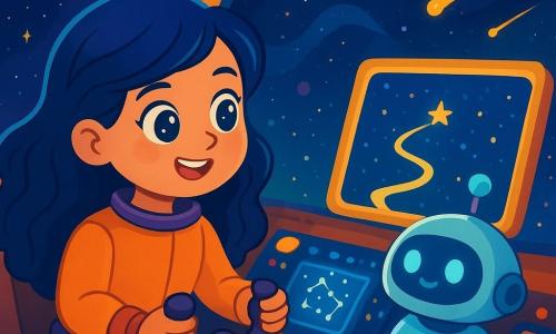 Una joven piloto, Luna, con cabello largo y ondulado de color azul noche, está sentada en la cabina de su pequeña nave espacial. Su rostro está iluminado por el brillo de las estrellas, y sus ojos brillan de emoción y determinación. Sostiene firmemente el volante, concentrada en la pantalla frente a ella, donde se dibuja un camino luminoso. A su lado, un pequeño robot amistoso llamado Arco, con forma redonda y ojos brillantes, proyecta mapas estelares en el tablero. Arco tiene una voz suave y alentadora, y parece listo para ayudar a Luna en su aventura. La escena se desarrolla en el espacio, rodeada de nubes de polvo estelar y cometas brillantes que cruzan el cielo negro. La cabina de la nave está llena de luces de colores y botones parpadeantes, creando una atmósfera mágica y futurista. Luna navega con cuidado a través de un campo de asteroides, ajustando hábilmente la trayectoria de la nave. Está decidida a alcanzar la misteriosa Biblioteca de Mapas, donde espera encontrar un cubo de datos valioso.