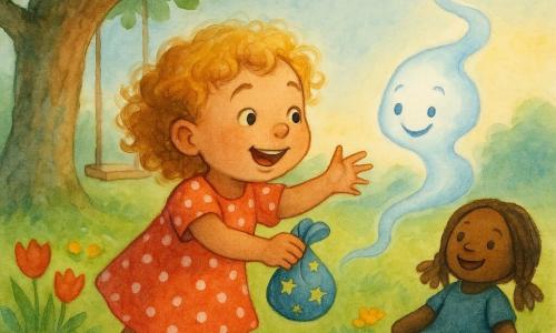 Mia, ein fröhliches, erstauntes vierjähriges Mädchen mit glänzenden blonden Locken und einem roten gepunkteten Kleid, hält eine kleine blaue Stofftasche mit Sternen und streckt die Hand, um den kleinen blau-weißen, vaporeusen, lächelnden Atemgeist Hugo zu fangen; neben ihr sitzt die liebevoll lachende Stoffpuppe Tilda mit braunen Wollhaaren und genähten schwarzen Augen auf dem Gras in einer bunten Lichtung am Fuß einer alten Eiche mit grüner Wiese, bunten Blumen und einer Holzschaukel, die Szene in weichem Abendlicht mit Aquarelltextur und Glanzlichtern auf Haaren und Sternen.
