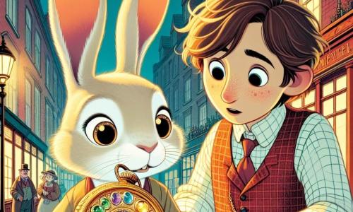 A young rabbit named Oliver, with soft, silky cream-colored fur and sparkling curious eyes, stands in the center of the image, amazed by a brilliant watch-shaped device, the Time Twister, which sparkles with colorful gems. He has an expression of excitement mixed with apprehension on his face, his large ears perked up in wonder. Next to him, a human engineer, a young man with messy brown hair and round glasses, gazes at the Time Twister with a mix of disbelief and admiration. He wears a plaid shirt and a vest, leaning forward with his hands on his knees, fascinated by the invention. In the background, a Victorian street scene unfolds, with red brick buildings adorned with wrought-iron balconies, gas lamps casting a warm golden light, and passersby in period costumes creating a lively atmosphere. The main scene shows Oliver discovering the Time Twister for the first time, surrounded by the hustle and bustle of the city, as he prepares to take a leap through time, with a magical glow emanating from the device, symbolizing the adventure that awaits him.