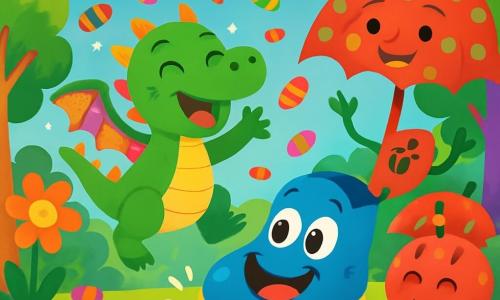 Un pequeño dragón verde llamado Pompón, con alas brillantes de colores vivos y una gran sonrisa alegre, salta de alegría en medio de una lluvia de caramelos multicolores. A su lado, un enorme zapato azul, con ojos redondos y una gran sonrisa, rebota haciendo ruidos divertidos, riendo de felicidad. Un paraguas rojo con lunares verdes, con una cara sonriente y brazos danzantes, canta alegremente girando a su alrededor. El escenario es un bosque encantado, lleno de árboles de troncos coloridos, flores gigantes con pétalos brillantes y un cielo azul salpicado de nubes en forma de caramelos. La escena muestra a Pompón y sus amigos recogiendo caramelos que ruedan por todas partes, creando un alegre desorden dulce, mientras ríen y se divierten juntos.