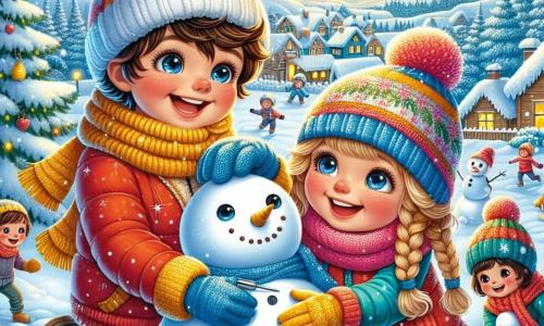 Een 9-jarig jongetje, Max, met kastanjebruin haar en nieuwsgierige ogen, is een sneeuwpop aan het maken in een betoverend winterlandschap. Hij draagt een felrode jas, een blauwe wollen muts en gele handschoenen, en zijn gezicht straalt van vreugde en opwinding. Naast hem helpt zijn buurmeisje Lotte, een 9-jarig meisje met gevlochten blond haar en een kleurrijke sjaal, door een grote sneeuwbal te rollen. Ze glimlacht breed, met door de kou roze wangen, terwijl ze zich bukt om sneeuw op te rapen. 

De achtergrond toont een charmant besneeuwd dorp, met huizen met glinsterende sneeuwbedekte daken, dennenbomen versierd met sneeuwvlokken, en een heldere blauwe lucht met donzige wolken. In de verte spelen kinderen sneeuwballengevechten, terwijl een zachte gouden winterzon het tafereel verlicht. 

De hoofdscène toont Max en Lotte in volle actie, lachend en plezier makend terwijl ze details aan hun sneeuwpop toevoegen, samen een magische winterherinnering creërend.