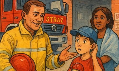 Uśmiechnięty, skupiony strażak dorosły o zniszczonej twarzy i krótkich brązowych włosach, trzyma czerwony hełm pod ramieniem i żółtą kurtkę z odblaskowymi pasami; wskazuje na dużą syrenę na wozie, mówiąc cicho. Obok niego, nieco z przodu po prawej, stoi około 11-letni chłopiec Kuba z oczami szeroko otwartymi, ręką przy uchu, w za dużej czapce i trzymający małego pluszowego pieska w mini hełmie. W tle, nieco z tyłu przy garażu, stoi uratowana kobieta około 40 lat, blada lecz uspokojona, z ręcznikiem na ramionach. Za nimi widoczny czerwony samochód strażacki z rozłożoną drabiną, zwiniętymi błyszczącymi wężami i chromowanymi reflektorami; scena przed ceglanym garażem remizy z otwartymi drzwiami i plakatami bezpieczeństwa. Styl: żywe, nasycone kolory z czarnymi konturami, zaznaczonymi fakturami ubrań i metalicznymi refleksami, łagodne cienie; kompozycja skupiona na interakcji strażaka z chłopcem, lekko z dołu, by podkreślić wielkość wozu.