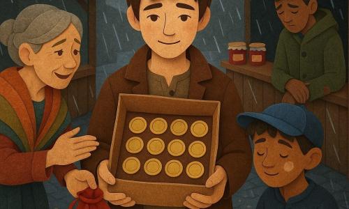 A teenage boy (about 17), serious with messy brown hair, in a small brown coat holds an open brown paper bag showing twelve brass medallions and smiles slightly, relieved, standing center; to his left an elderly woman (about 60) with gray hair in a bun, gentle eyes and a colorful shawl reaches toward a red velvet pouch, moved and grateful; to his right a boy (about 12) with a blue cap and a flour smudge on his cheek stands near a market table, shy and happy, holding a small brass keyring in his palm; in the background a 35-year-old man in a green raincoat with a slightly torn sleeve and cracked button stands back, head bowed, looking remorseful; the setting is a rain-wet street market with shiny cobbles, colorful bunting, wooden stalls with jam jars and a table with an empty velvet tray, small gold sparkles on the stones; the scene captures the return of the medallions — soft light, warm gestures, paper-cut contrasts, felt textures and cut edges visible, warm colors for the figures and gray-blue tones for the wet street.