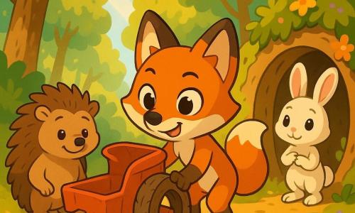 A small anthropomorphic red fox (Finley) with a determined, joyful expression and bright wide eyes carefully fits a round bark wheel under a slightly dented red toy cart; a prickly brown hedgehog (Sammy) with a shy smile kneels to the left, hands on the ground, proud and helpful; a fluffy white rabbit (Bella) stands slightly back to the right, hands clasped, watching from the entrance of a flowered burrow; sunlit forest path with golden leaves, small purple flowers, textured tree trunks, red-and-white mushrooms and sunbeams through the branches; scene focused on the gentle collaborative repair, warm colorful palette, simple readable composition in bright contrasting colors with soft cel-shaded shadows.