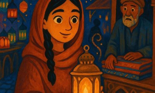 A young woman with a gentle smile and curious eyes holds a patinated brass lantern, wearing a cinnamon shawl and braided black hair, her face lit by a warm glow, while an older male vendor in worn clothes watches from the shadowed stall to her right with a surprised look; the scene is a Night Market inspired by the Arabian Nights—stacked rugs, colored glass lanterns, carved wooden stalls, shiny cobbles and painted spice-scent swirls—as the woman examines the warm, slightly vibrating lantern from which a small golden light begins to escape, creating an intimate, magical atmosphere in warm ochre, indigo and copper tones with soft contrasts.