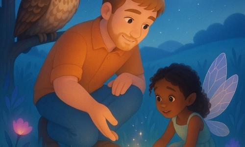 A calm, kind man named Oliver with a round face, light stubble, light brown hair and warm smiling eyes crouches and reaches out to help a small fairy. The fairy, Luna, appears about eight years old with thin cracked translucent wings and a frayed pastel dress; she sits at the edge of a rainbow-reflecting stream, fingers touching the sparkling water with a relieved, awed expression. A large wise owl with textured brown-and-white plumage and bright wide eyes perches on a low branch to the left, watching calmly. The scene is a moonlit meadow with silvery moonlight, blue-tinted tall grass, glowing pink and violet flowers, a rainbow-reflecting stream in the foreground, gentle hills and many stars in the background; Oliver helps Luna dip her wings in the stream as silver sparks rise from the water to illuminate their faces, creating a magical atmosphere of vivid pastels, soft contrasts and smooth gradient textures.