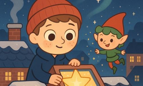 A 10-year-old boy, Leo, with a round freckled face, wide amazed eyes and a shy smile, wearing a dark blue coat and red beanie, gently holds a sparkling paper star against a skylight; a tiny mischievous elf named Sparkle, with a pointed red hat, curly green hair and twinkling eyes, hovers beside him scattering small gold sparks; a snowy red-brick roof with dark snow-dusted tiles and a smoking chimney, deep night sky filled with silver stars and pale auroras, neighboring houses with lit windows; the pair are lit by the warm glow of the star and garlands, sharing a knowing, gentle moment of magic; cozy winter atmosphere, warm character colors (red, blue, gold) contrasted with cool landscape tones (white, midnight blue), soft textures, rounded forms, minimal kawaii style, composition centered on the starry window.