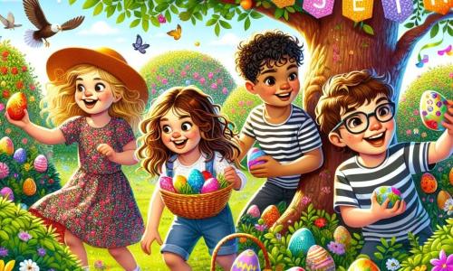 En un jardín colorido, cuatro niños están buscando huevos de Pascua. Sofía, una niña de nueve años con trenzas doradas, lleva un vestido de flores y sonríe alegremente mientras se agacha cerca de un gran manzano. A su lado, Diego, un niño de diez años con un sombrero de paja demasiado grande, sostiene un huevo de chocolate que acaba de encontrar, mostrando una gran sonrisa. Lucía, una niña de ocho años con cabello castaño y rizado, está agachada cerca de un seto, sosteniendo un huevo decorado con colores vivos, con los ojos brillantes de emoción. Finalmente, Tomás, un niño de nueve años con gafas y una camiseta a rayas, está un poco más lejos, mirando el suelo con aire concentrado, listo para encontrar un nuevo huevo. El jardín está lleno de flores brillantes, cintas de colores flotando en el viento y un gran cartel de papel reciclado que dice "Felices Pascuas". El sol brilla en un cielo azul claro, creando una atmósfera alegre y festiva. Los niños están en plena acción, riendo y animándose mutuamente mientras buscan huevos escondidos entre las flores y arbustos, convirtiendo esta búsqueda de huevos en una aventura mágica y llena de felicidad.