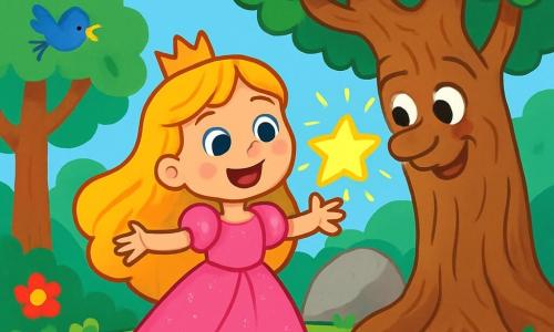 Uma princesa alegre, chamada Lili, com longos cabelos dourados e um vestido rosa brilhante, está no centro da floresta mágica, com os braços abertos e um grande sorriso maravilhado. Seus olhos brilham de excitação, pronta para descobrir maravilhas. Ao seu lado, uma velha árvore sábia, com um tronco nodoso e folhas verdes vibrantes, fala suavemente com ela. Ao fundo, uma estrela mágica, luminosa e cintilante, flutua acima de uma grande pedra lisa, emitindo uma suave luz dourada que ilumina a cena. A floresta está cheia de árvores majestosas, flores coloridas e pássaros cantores, criando uma atmosfera encantada. Lili abraça a estrela mágica, dando-lhe um carinho de coragem para brilhar mais forte, enquanto a luz dourada começa a se espalhar ao redor, preenchendo a floresta com uma atmosfera alegre e luminosa.