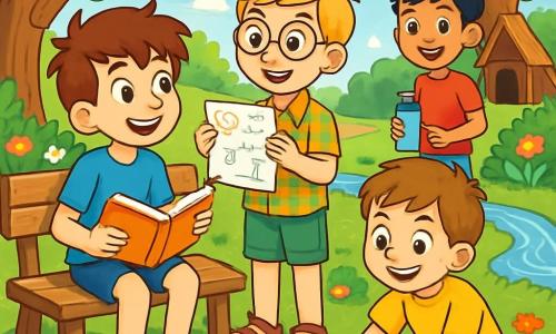 Há 4 crianças: - Tomás: um garoto de 10 anos, com cabelo castanho bagunçado e olhos brilhantes. Ele usa uma camiseta azul e shorts, segurando um livro em uma mão e um lápis na outra, sentado em um banco de madeira. - Lucas: um garoto de 10 anos, com cabelo loiro e óculos redondos. Ele veste uma camisa xadrez e um short verde, sorrindo enquanto mostra uma folha de papel com desenhos. Ele está em pé ao lado de Tomás. - Francisco: um garoto de 11 anos, com cabelo preto e um sorriso travesso. Ele usa uma camiseta vermelha e sandálias, segurando uma garrafa de água, em pé um pouco mais longe, observando os outros. - Diogo: um garoto de 9 anos, com cabelo castanho e sardas. Ele veste uma camiseta amarela e um short azul, sentado no chão, cercado por lápis de cor, desenhando. O local é um parque verde, cheio de árvores majestosas com folhas verdes brilhantes. Flores coloridas bordejam os caminhos, e um pequeno riacho brilha ao sol. Ao longe, há uma cabana de madeira feita de galhos e folhas, onde as crianças passaram horas brincando. A cena principal mostra as crianças criando desenhos e histórias juntas, sentadas na grama, cercadas por seus materiais artísticos. Elas riem e trocam ideias, com expressões alegres, ilustrando a amizade e a criatividade de suas férias de verão.