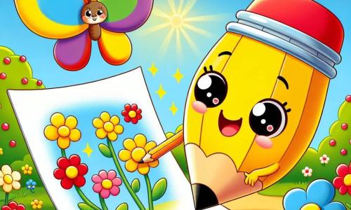Un pequeño lápiz amarillo llamado Pipo, con una sonrisa alegre y ojos brillantes, está dibujando flores coloridas en una gran hoja de papel. A su lado, una mariposa de alas multicolores, flotando en el aire con una expresión juguetona, admira los dibujos mientras bate sus alas. Al fondo, un jardín vibrante de primavera, lleno de flores rojas, azules y amarillas, bajo un cielo azul claro y soleado. La escena muestra a Pipo y a la mariposa compartiendo un momento de creatividad y alegría, rodeados de la belleza de la naturaleza.