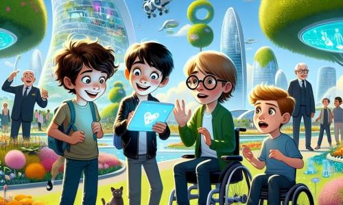 In een futuristisch park staan vier vrienden samen, omringd door groen en technologie. Finn, een 11-jarig jongen met rommelig bruin haar en sprankelende ogen, glimlacht enthousiast terwijl hij een tablet vasthoudt. Joris, een 11-jarig jongen in een rolstoel, draagt ronde brillen en heeft blond haar. Hij kijkt aandachtig naar het scherm van Finn, zijn gezicht verlicht door nieuwsgierigheid. Sam, een 10-jarig jongen met zwart haar en sproeten, staat naast Joris met gekruiste armen en een brede glimlach, klaar om zijn enthousiasme te delen. Luca, een 10-jarig jongen met kastanjebruin haar en een licht bezorgde uitdrukking, staat op de achtergrond en observeert de omgeving voorzichtig. Het park is gevuld met kleurrijke bloemen en futuristische sculpturen, met bomen met luminescente bladeren en zwevende hologrammen in de lucht. Op de achtergrond rijzen moderne gebouwen met organische vormen naar de lucht, terwijl hovercrafts zachtjes boven hen glijden. De vrienden discussiëren gepassioneerd over hun recente ontdekking van nieuwe energie, hun gezichten stralend van opwinding, terwijl ze zich voorbereiden om hun ongelooflijke verhaal met de stadsbewoners te delen.