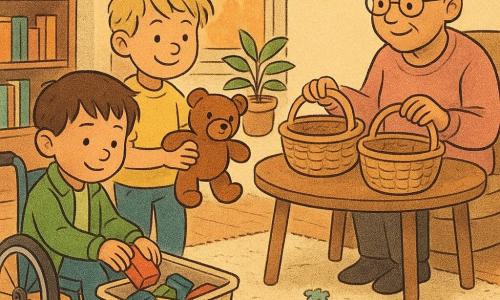 Drie personen: Milo, jongen 5 jaar, kort bruin haar, lichte huid, zit in een kleine blauwe rolstoel bij de tafel, draagt een groene jas en legt rustig een bouwsteen in een bak; Sem, jongen 5 jaar, rommelig blond haar, lichte huid, staat links van Milo, draagt een geel T‑shirt en jeans, glimlacht en zet een bruine knuffel in een andere bak; oma, vrouw ~70 jaar, grijs haar in een knot, ronde bril, zit rechts achter de tafel, draagt een roze trui en houdt drie kleine rieten mandjes naar de kinderen met een glimlach. Locatie: warme, lichte woonkamer met lichte houten vloer, grote raam met zachte oranje avondlicht, boekenplank, ronde houten tafeltje, kussens, groene plant bij het raam en speelgoed en puzzelstukjes op een crème tapijt. Situatie: kinderen en oma sorteren en ruimen samen speelgoed; rustige, geconcentreerde gezichten, langzame zorgzame gebaren en een sfeer van rustige samenwerking.