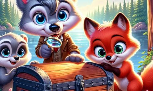 Luno, un pequeño lobo de ojos brillantes y pelaje gris suave, se inclina con curiosidad sobre un viejo cofre de madera, su rostro iluminado por la emoción del descubrimiento. Lleva un pequeño sombrero de detective y sostiene una lupa en su pata, listo para explorar el tesoro escondido. A su lado, Mia, una astuta pequeña zorra de pelaje rojo brillante, observa atentamente el cofre, sus ojos chispeantes de malicia y entusiasmo. Se mantiene ligeramente apartada, con las patas cruzadas, lista para compartir sus ideas. Bruno, un oso de pelaje marrón y rasgos suaves, se encuentra detrás de ellos, con una sonrisa benevolente en su rostro. Mira el cofre con expresión de asombro, sus grandes patas apoyadas en las caderas, como si estuviera listo para animar a sus amigos. La escena se desarrolla a la orilla de un lago cristalino, rodeado de flores coloridas y grandes árboles verdes. Los rayos del sol filtran a través de las hojas, creando reflejos brillantes en el agua tranquila. Los tres amigos acaban de descubrir un cofre misterioso, lleno de tesoros y secretos, y están a punto de revelar lo que hay dentro, ansiosos por vivir una nueva aventura juntos.