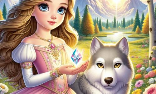 Die Prinzessin Elara, ein etwa 12-jähriges Mädchen, steht im Mittelpunkt der Szene mit langen goldenen Haaren, die ihr über die Schultern fallen. Ihre Augen strahlen vor Staunen und Entschlossenheit, während sie einen kleinen funkelnden Kristall in der Hand hält. Sie trägt ein pastellrosa Kleid, das mit zarten Blumen verziert ist, und ihr Gesicht zeigt sowohl Mut als auch Neugier. An ihrer Seite ist Lupo, ein Wolf mit sanften, leuchtenden Augen, silbernem Fell und weißen Markierungen auf der Stirn. Er steht schützend neben Elara und beobachtet aufmerksam die Umgebung, bereit, seine Freundin zu verteidigen. Der Hintergrund ist ein wunderschöner verzauberter Garten, gefüllt mit bunten Blumen, großen Bäumen mit goldenen Blättern und einem strahlend blauen Himmel. In der Ferne sind majestätische Berge und ein Regenbogen zu sehen, der die Landschaft erhellt. Die Hauptsituation zeigt Elara und Lupo, die einen geheimnisvollen, funkelnden Kristall entdecken, der unter einem großen Baum verborgen ist, umgeben von einer Aura aus Magie und Licht. Sonnenstrahlen filtern durch die Äste und schaffen eine märchenhafte und einladende Atmosphäre.