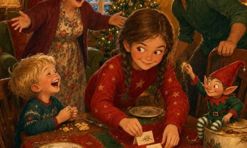 An 8-year-old girl with bright eyes, rosy cheeks, a mischievous but tender smile and chestnut braids, wearing a red star-patterned sweater, quietly adjusts two place cards on a Christmas table as a small mischievous elf the size of a book, in a red pointed hat and green-and-white striped socks, perches on a cookie jar holding a pinch of gold glitter; her about-5-year-old blond brother with a laughing face and crumb-covered hands watches from a wooden chair to the left, while their gray-haired grandmother in a floral dress and round glasses rises laughing from an armchair and an uncle in his 40s, bearded and broad in a green shirt, leans toward the table ready to swap seats with her; cozy living-room interior with warm garland light, red-and-green tablecloth, porcelain plates, snow on the fogged window and glitter traces on the wooden floor, centered composition showing the joyful surprise as the girl and elf have just switched the place cards, warm colors with touches of green and gold and visible acrylic-paint textures and expressive brushstrokes on clothing and the background tree.