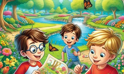 Drei Jungen, Max, Tom und Ben, sind in einem blühenden Park versammelt. Max, ein 10-jähriger Junge mit braunen Haaren und einer Brille, lächelt und hält eine Schatzkarte. Tom, ebenfalls 10 Jahre alt, hat blonde Haare und trägt ein rotes T-Shirt, er zählt begeistert Blumen. Ben, ein 9-jähriger Junge mit kastanienbraunen Haaren und einem blauen Pullover, beobachtet einen Schmetterling, der um sie herumfliegt. Der Park ist ein magischer Ort, voller bunter Blumen, die im Wind tanzen. Majestätische Bäume säumen den Weg, und ein kleiner Teich glitzert in der Sonne, wo Frösche fröhlich quaken. Der Himmel ist strahlend blau, mit einigen flauschigen weißen Wolken. Die drei Freunde bereiten sich auf ihre Frühlingsschatzsuche vor, umgeben von der Schönheit der Natur, und sind aufgeregt, versteckte Hinweise zu entdecken, während sie die Wunder des Frühlings erkunden.