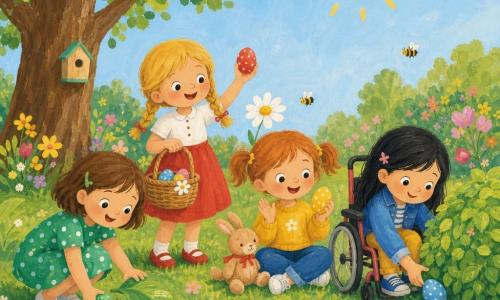 Ci sono quattro bambine: Mia, 5 anni, capelli corti castani, vestito verde a pois bianchi, accovacciata a sinistra mentre raccoglie un uovo verde sotto una grande foglia; Sara, 5 anni, capelli biondi a trecce, gonna rossa, in piedi accanto a Mia con un cestino che mostra un uovo rosso vicino a una margherita; Lili, 4 anni, capelli rossi a codini, maglione giallo, seduta al centro battendo le mani e tenendo un uovo giallo accanto a un coniglietto di pezza; Emma, 6 anni, capelli lunghi neri, giacchetta blu, a destra seduta su una sedia a rotelle che tocca l'erba mentre scopre un uovo blu sotto un cespuglio. Ambientazione: giardino primaverile soleggiato con erba verde, fiori (margherite, piccole tulipane), qualche bombo e coccinella, un cespuglio rotondo a destra e un grande albero a sinistra, cielo azzurro e sole caldo. Situazione: caccia alle uova di Pasqua con grandi uova colorate sull'erba, espressioni gioiose, stile gouache a tratti morbidi, colori vivaci e texture di pennello, luce calda e atmosfera serena.