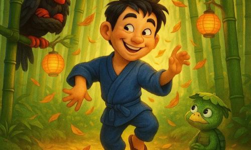 A smiling, mischievous man named Jiro, about 30, with almond eyes and short black hair in strands, wearing a simple indigo kimono and wooden sandals, dances with bent knees and arms like he’s following swirling leaves; to his right a small scaly green kappa sits by a clear stream wearing a leaf as a hat and clapping, while to his left a tall red-faced tengu with a long nose and black shoulder feathers perches on a low branch with arms crossed, watching amusedly; setting: a bamboo forest clearing with tall green stalks, golden leaves and emerald moss on the ground, a sparkling stream in the foreground and paper lanterns hanging from branches; mood: magical, late-afternoon soft light, saturated green and red palette, detailed textures (wood, scales, fabric), 3D animated film style with rounded forms, exaggerated expressions and gentle depth of field.