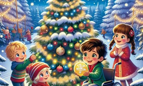 En un hermoso paisaje nevado, cuatro amigos se reúnen alrededor de un enorme árbol de Navidad. Lucas, un niño de cuatro años con cabello castaño y ojos brillantes, observa con asombro el copo de nieve dorado que sostiene en sus manos. A su derecha, Sofía, una niña de cabello rubio y trenzas, sonríe alegremente, con las mejillas sonrojadas por el frío. Tomás, un niño de cabello castaño y con un gorro rojo, sube con cuidado a las ramas del árbol, decidido a colocar el copo dorado en la cima. Por último, Nico, un niño de cabello negro, está sentado en su silla de ruedas decorada con luces de colores, aplaudiendo con entusiasmo. El lugar es un bosque encantado, donde los árboles están cubiertos de una gruesa capa de nieve brillante y copos de nieve caen suavemente del cielo azul claro. La situación principal muestra a los amigos unidos en su misión mágica: Lucas y Sofía admirando el copo de nieve dorado, mientras Tomás se esfuerza por colgarlo en la cima del árbol, y Nico anima a sus amigos con una gran sonrisa, creando una atmósfera de camaradería y alegría festiva.