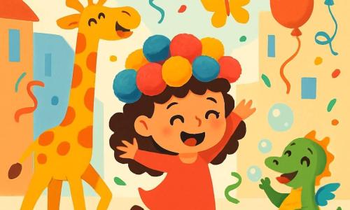 Una niña de 4 años, con cabello rizado y una gran sonrisa, lleva un gorro lleno de pompones multicolores. Baila con entusiasmo en una calle animada, rodeada de serpentinas y globos flotantes. Junto a ella, una jirafa amarilla con patines, llamada Pepa, hace piruetas riendo. Un pequeño dragón brillante de escamas verdes, llamado Lulo, sopla burbujas de jabón mientras se divierte. El decorado es una calle festiva, adornada con guirnaldas coloridas, confeti cayendo del cielo y grandes mariposas de papel que revolotean. En esta escena, Sofía, llena de energía y emoción, se prepara para una aventura en busca de un tesoro misterioso, rodeada de sus nuevos amigos.